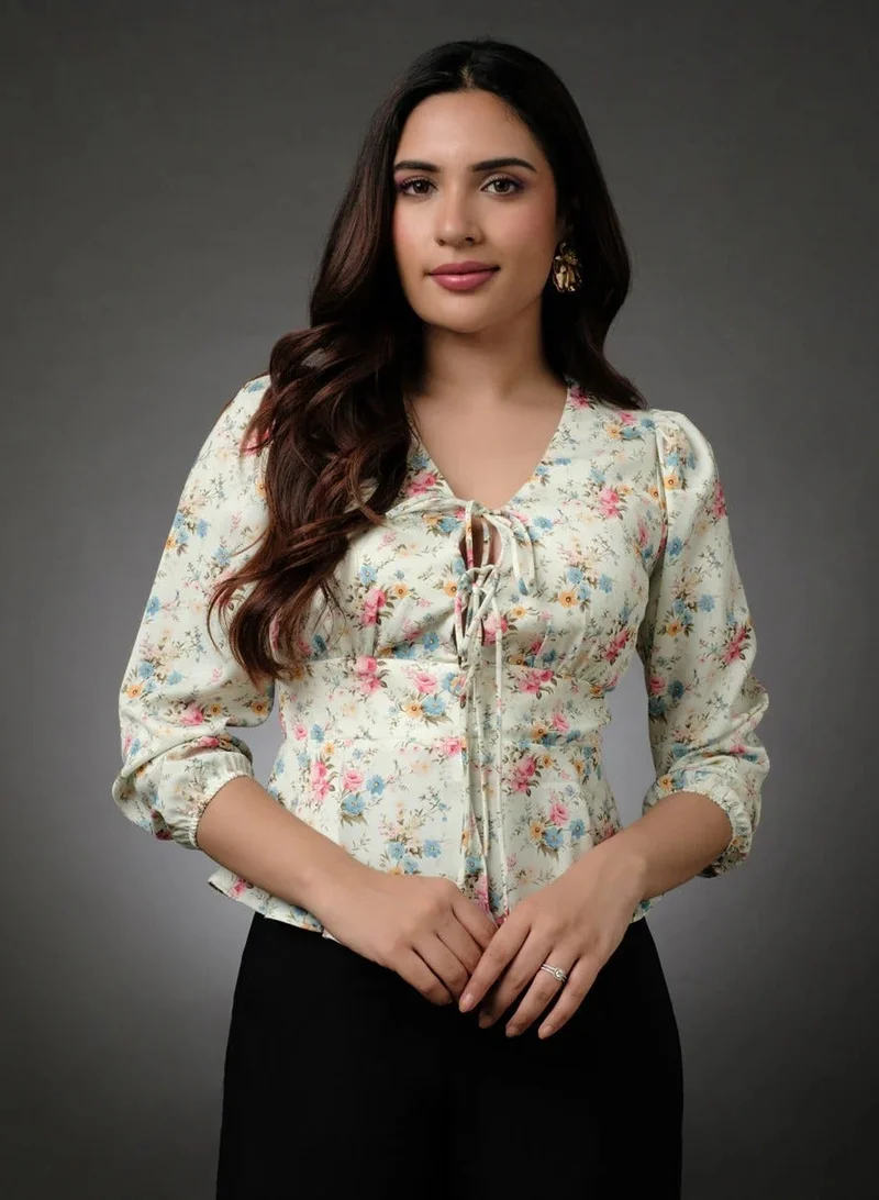 Zigzag Corset Front Tie Peplum Chiffon Printed Top